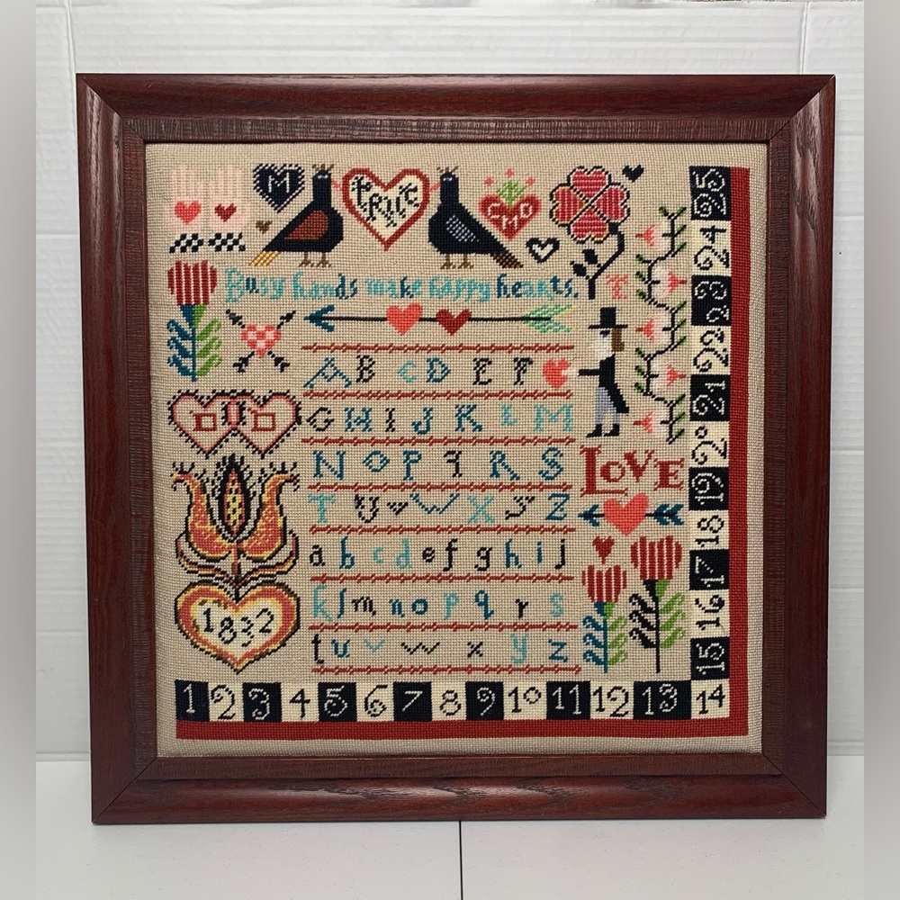 OOP Completed Happy Hearts Sampler by Birds of a Feather Framed Needlepoint